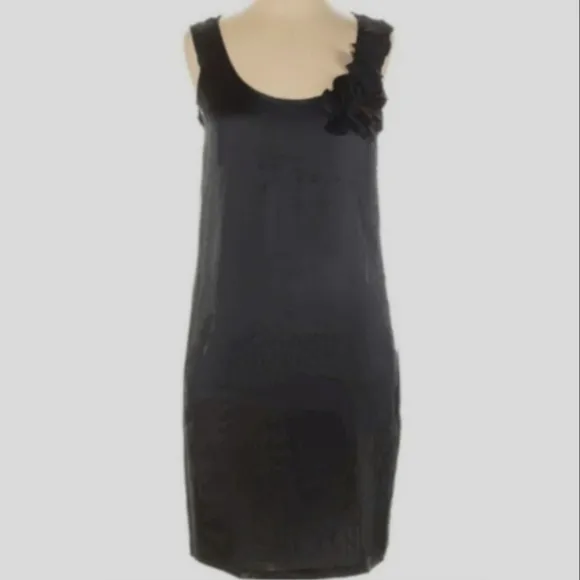 🌺SALE $395 Silk Stretch Blend DKNY Black Mini Dress Donna Karan Abstract Floral