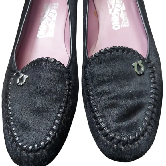Salvatore Ferragamo Black Calf Pony Hair Loafers Shoes for Women Size 8.5 2A
