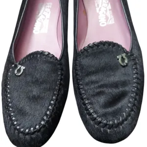 Salvatore Ferragamo Black Calf Pony Hair Loafers Shoes for Women Size 8.5 2A
