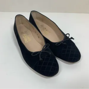 Salvatore Ferragamo Black Suede Flat Loafers Bow &amp; Quilted Detail Toe Size 7