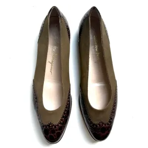 Salvatore Ferragamo Brogue Crocodile embossed &amp; Olive Nabuk leather flats 8.5 B