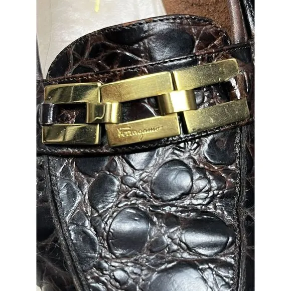 Salvatore Ferragamo Brown Leather Slip On Loafers Women's Embossed Crocodile 8.5