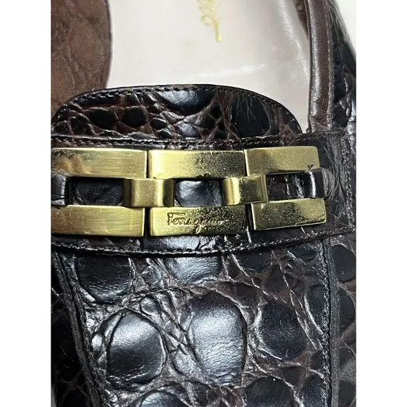 Salvatore Ferragamo Brown Leather Slip On Loafers Women's Embossed Crocodile 8.5