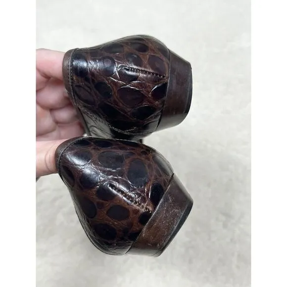 Salvatore Ferragamo Brown Leather Slip On Loafers Women's Embossed Crocodile 8.5