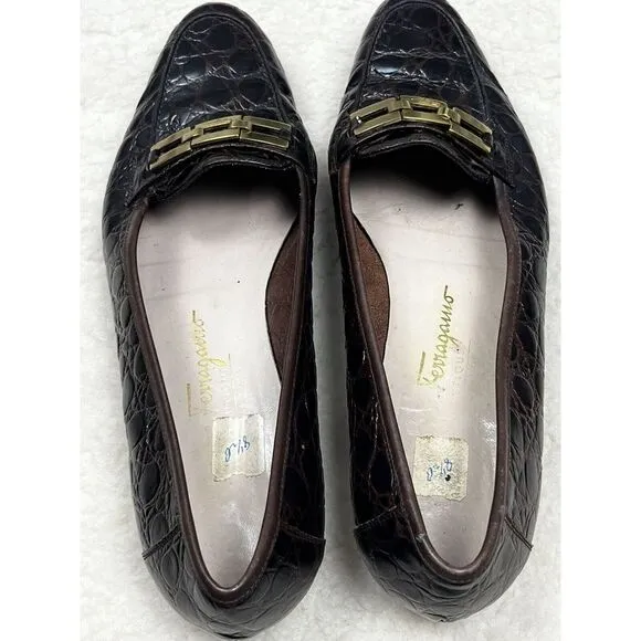 Salvatore Ferragamo Brown Leather Slip On Loafers Women's Embossed Crocodile 8.5