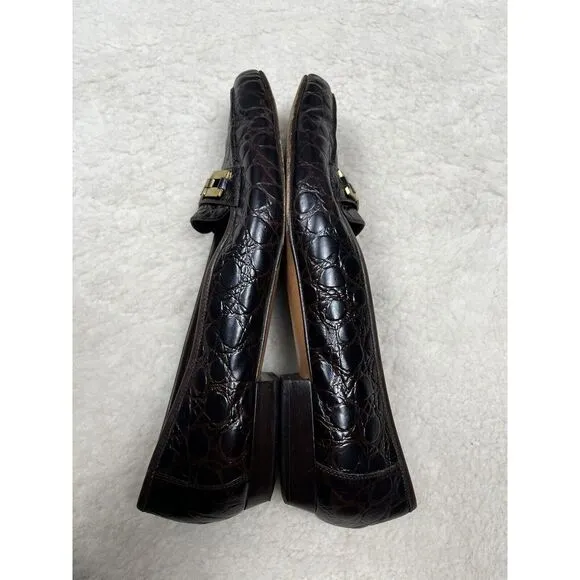 Salvatore Ferragamo Brown Leather Slip On Loafers Women's Embossed Crocodile 8.5