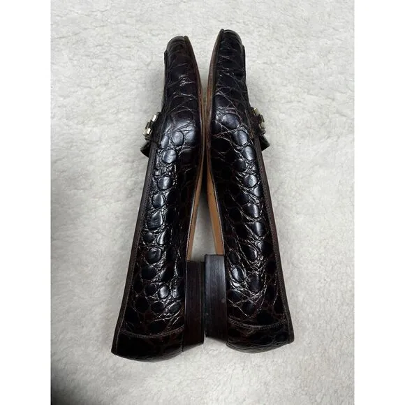 Salvatore Ferragamo Brown Leather Slip On Loafers Women's Embossed Crocodile 8.5