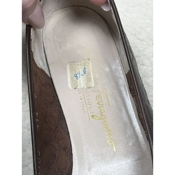 Salvatore Ferragamo Brown Leather Slip On Loafers Women's Embossed Crocodile 8.5