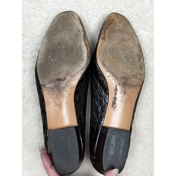 Salvatore Ferragamo Brown Leather Slip On Loafers Women's Embossed Crocodile 8.5
