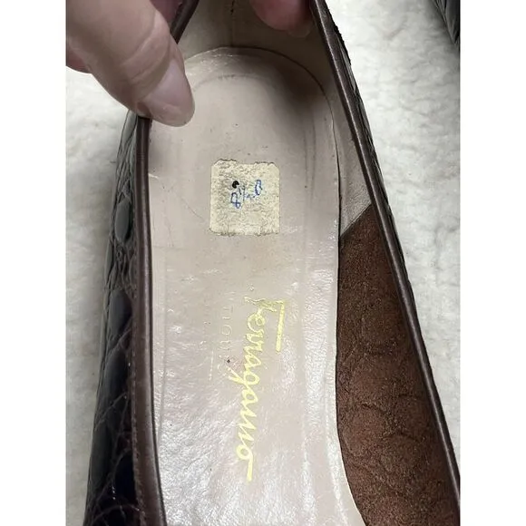 Salvatore Ferragamo Brown Leather Slip On Loafers Women's Embossed Crocodile 8.5