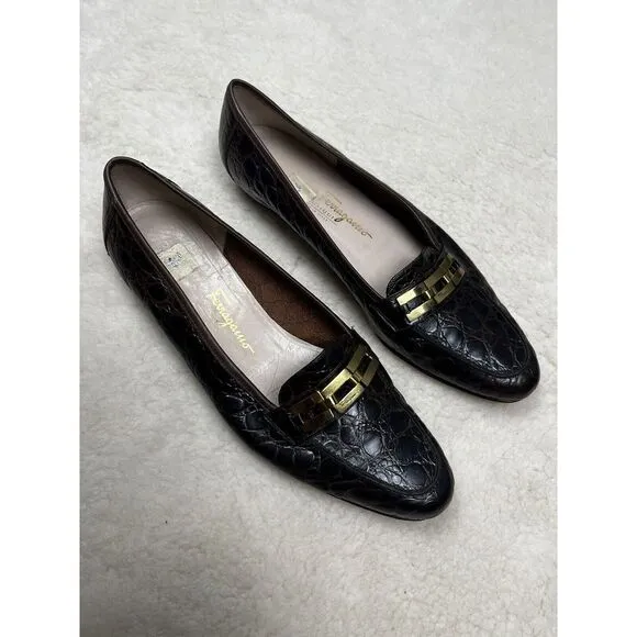 Salvatore Ferragamo Brown Leather Slip On Loafers Women's Embossed Crocodile 8.5