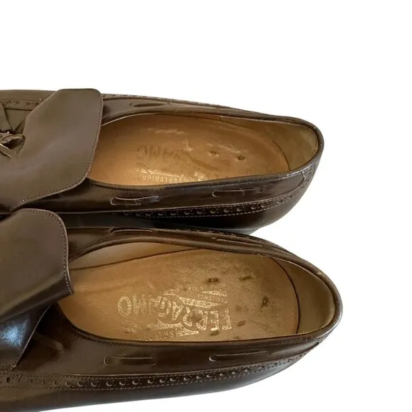 Salvatore Ferragamo Leather Tassel Accent Loafers Dress Shoes Brown 10.5 Narrow