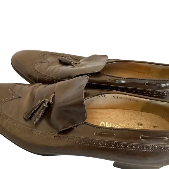 Salvatore Ferragamo Leather Tassel Accent Loafers Dress Shoes Brown 10.5 Narrow