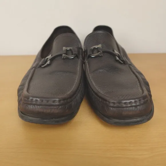 Salvatore Ferragamo Loafers Mens 13 D Brown Pebbled Leather Gancini Bit Moccasin