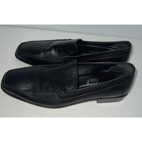 Salvatore Ferragamo Mens Black Leather Loafers Dress Shoes Size 8.5 Italy 37770