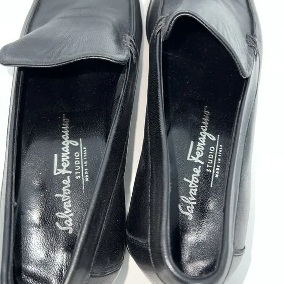 Salvatore Ferragamo Mens Black Leather Loafers Dress Shoes Size 8.5 Italy 37770