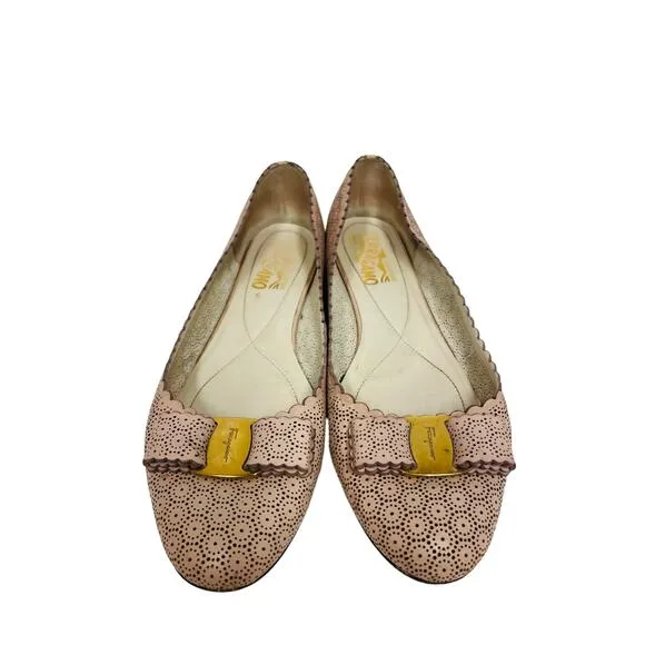SALVATORE FERRAGAMO Pink Leather Vara Bow Laser Cut Ballet Flats US 7.5 EU 37.5