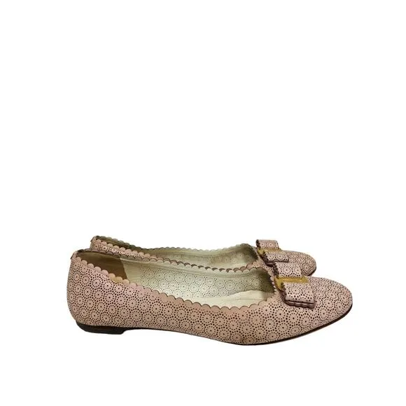 SALVATORE FERRAGAMO Pink Leather Vara Bow Laser Cut Ballet Flats US 7.5 EU 37.5
