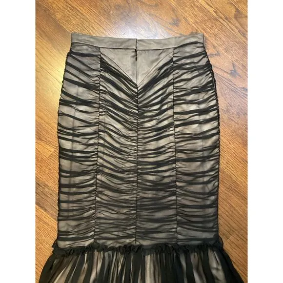Sansappelle USA Black Vintage Pleated V Waist Ruffled Silk Long Formal Skirt S