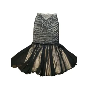 Sansappelle USA Black Vintage Pleated V Waist Ruffled Silk Long Formal Skirt S