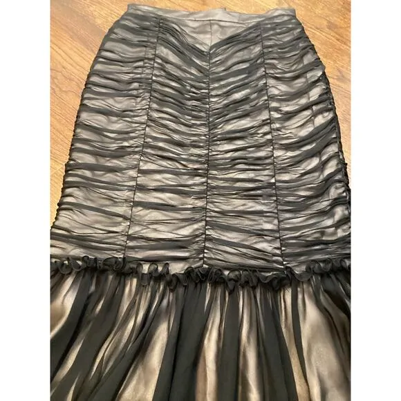 Sansappelle USA Black Vintage Pleated V Waist Ruffled Silk Long Formal Skirt S