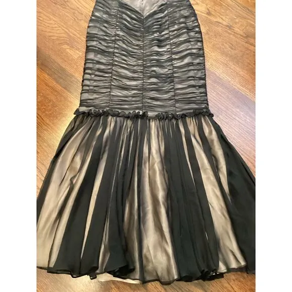Sansappelle USA Black Vintage Pleated V Waist Ruffled Silk Long Formal Skirt S