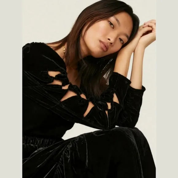 Sea New York Mayde Midi Dress Black Velvet Cut Out Long Sleeves Dark Romantic