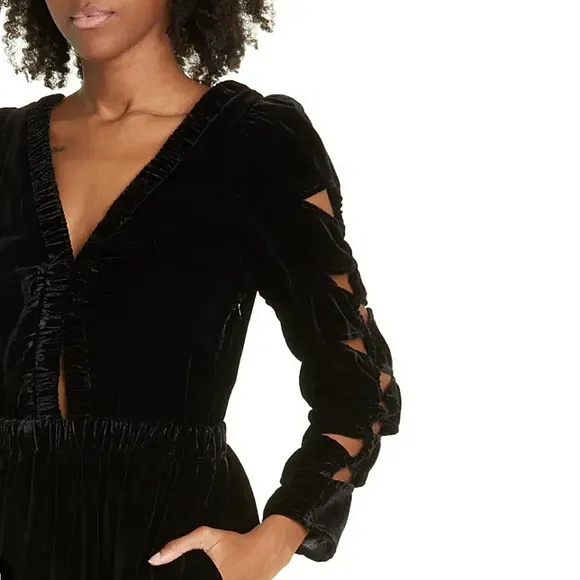 Sea New York Mayde Midi Dress Black Velvet Cut Out Long Sleeves Dark Romantic