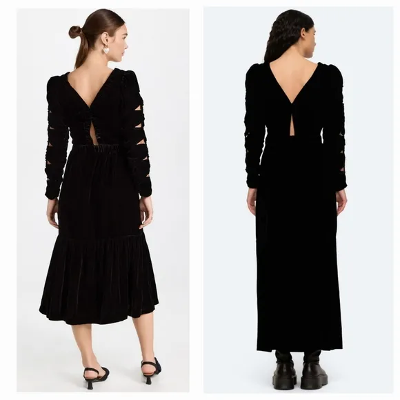 Sea New York Mayde Midi Dress Black Velvet Cut Out Long Sleeves Dark Romantic