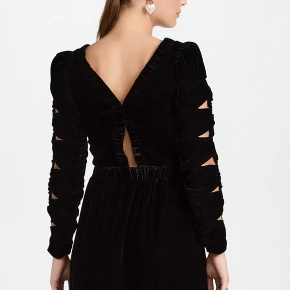 Sea New York Mayde Midi Dress Black Velvet Cut Out Long Sleeves Dark Romantic