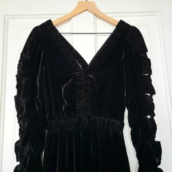 Sea New York Mayde Midi Dress Black Velvet Cut Out Long Sleeves Dark Romantic