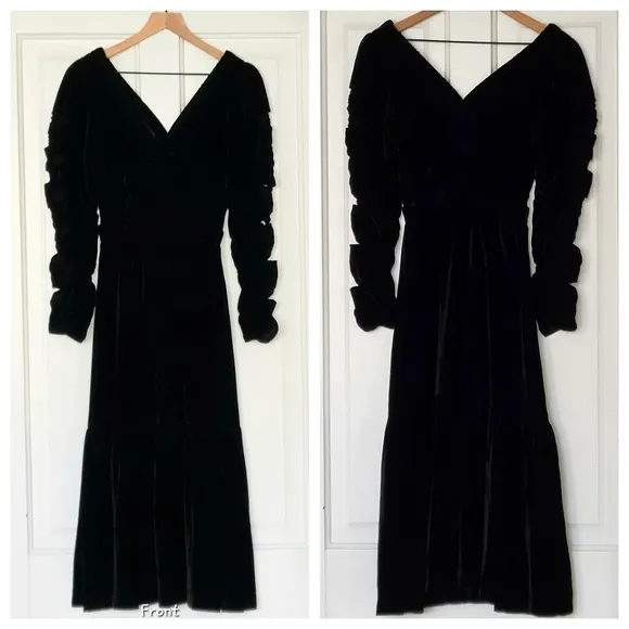 Sea New York Mayde Midi Dress Black Velvet Cut Out Long Sleeves Dark Romantic