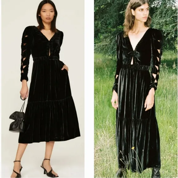 Sea New York Mayde Midi Dress Black Velvet Cut Out Long Sleeves Dark Romantic