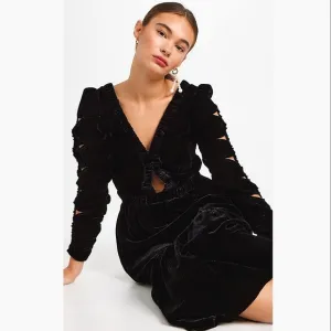 Sea New York Mayde Midi Dress Black Velvet Cut Out Long Sleeves Dark Romantic