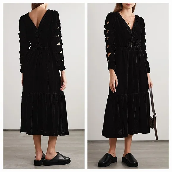 Sea New York Mayde Midi Dress Black Velvet Cut Out Long Sleeves Dark Romantic