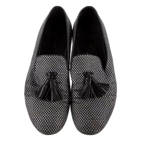 SERGIO ROSSI Leather Fabric Black &amp; White Check Checkers Tassel Loafers UK 10