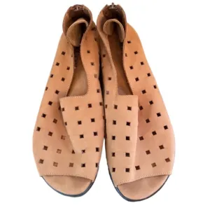Sesto Meucci Evonne Camel Nubuck Leather Cut Out Open Toe Back Zip Flats Size 10