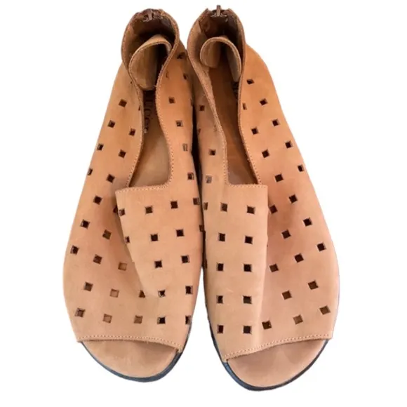 Sesto Meucci Evonne Camel Nubuck Leather Cut Out Open Toe Back Zip Flats Size 10