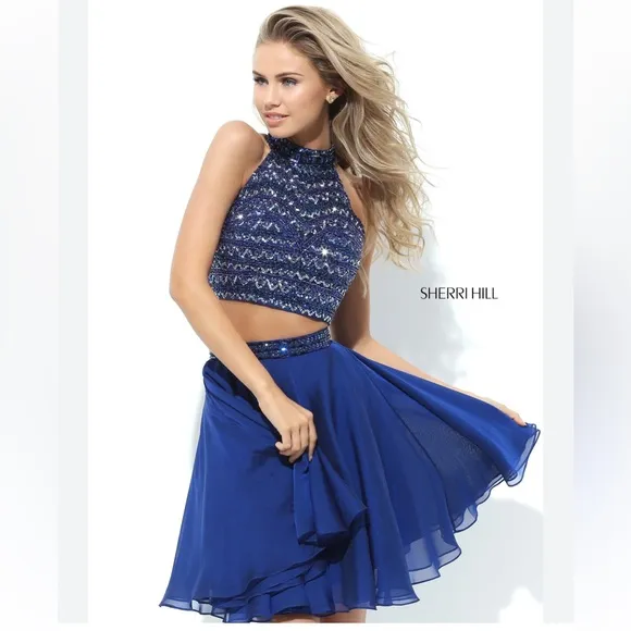 Sherri Hill Two Piece Cocktail Beaded Short Dress Prom Women’s 12 Halter 50694