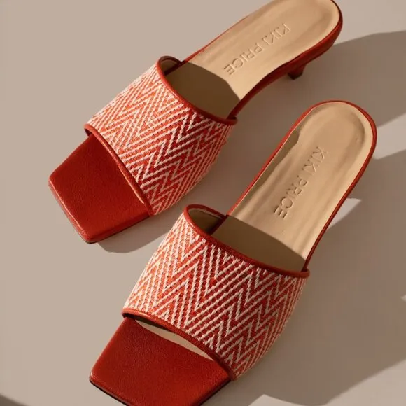 Slide On Over – Orange Leather &amp; Raffia Slides, New in Box