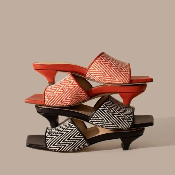 Slide On Over – Orange Leather &amp; Raffia Slides, New in Box