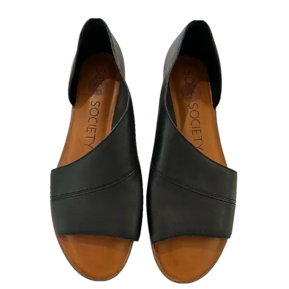 Sole Society Colvan Black Leather Flats Size 10 Cut Out Open Toe Sandals…