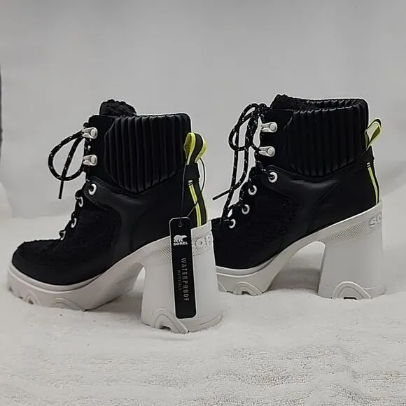 SOREL BREX HEEL COZY LACE BOOT WOMEN'S 5 BLACK/SEA SALT CHIC MODERN DESIGN NWNB
