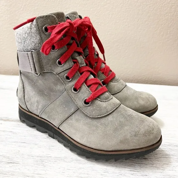 Sorel Harlow Conquest Gray Red lace Ankle Boots size 5