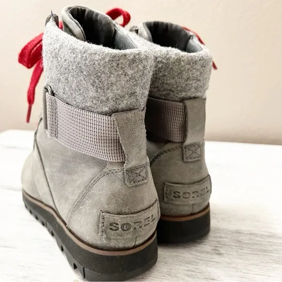 Sorel Harlow Conquest Gray Red lace Ankle Boots size 5
