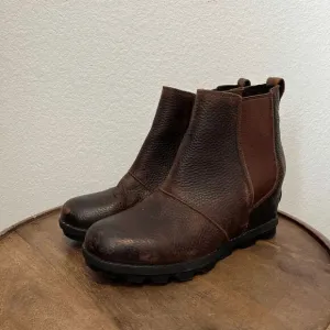 Sorel Joan of Arctic Wedge II Pull-On Brown Leather Chelsea Boots Women's 8.5