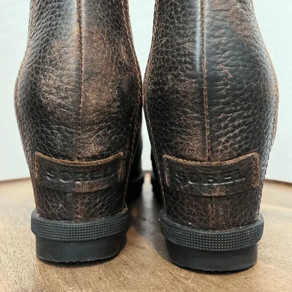 Sorel Joan of Arctic Wedge II Pull-On Brown Leather Chelsea Boots Women's 8.5