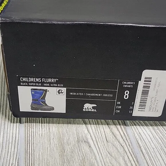 Sorel Kids Flurry Snow Boots Black &amp; Super Blue Toddler Size 8 NEW