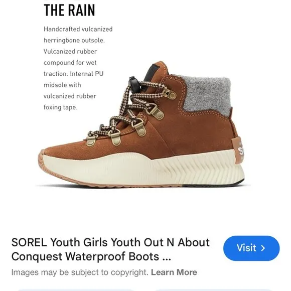 SOREL Youth Girls Youth‎ Out N About Conquest Waterproof Boots Size 1 NEW