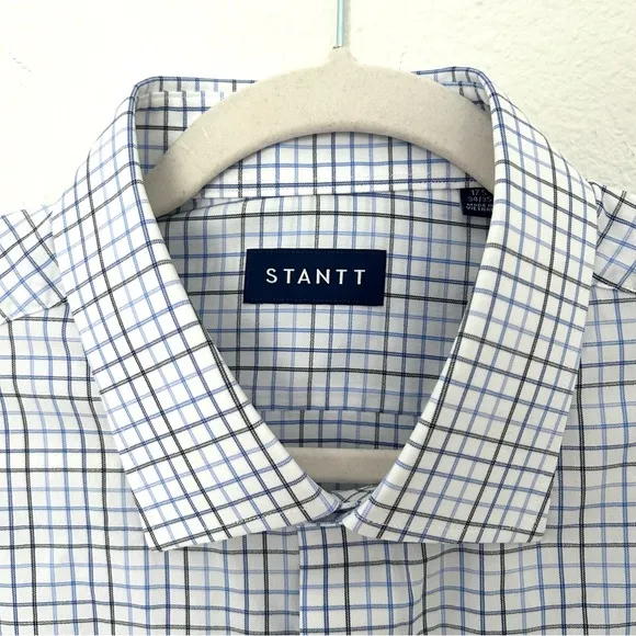 Stantt NEW Performance Tech Stretch Shirt Blue Black Tattersall Size 17.5 34/35